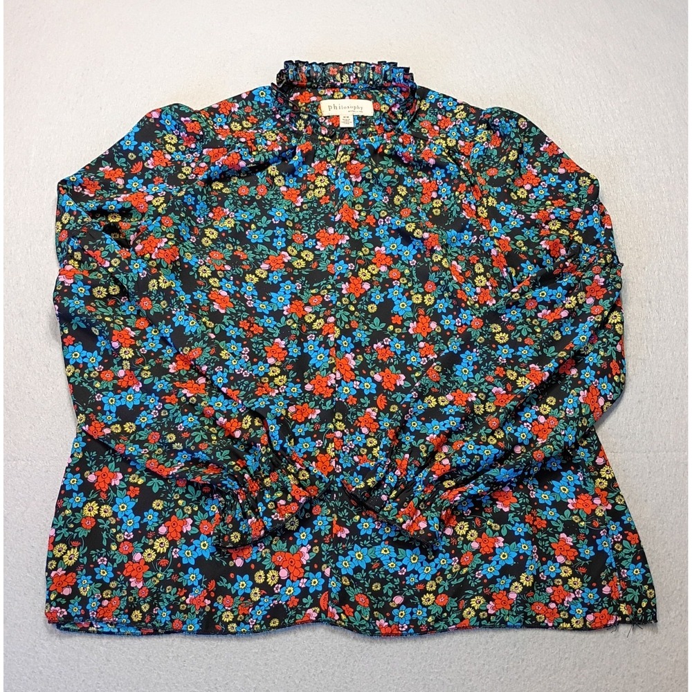 Philosophy Blouse Top Womens Size Med Black Floral Peasant Popover Boho Career‎